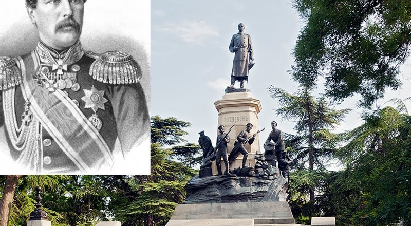 Эдуард Тотлебен и памятник ему, появившийся в Севастополе в 1909 году.