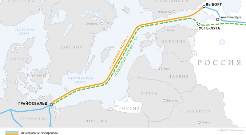 Газопроводы «Северный поток» и «Северный поток-2» на карте. Фото с сайта gazprom.ru