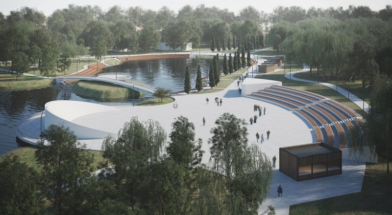 Один из проектов предлагает сделать в Гагаринском парке амфитеатр, место для выступлений и деревянные сиденья на берегу пруда.