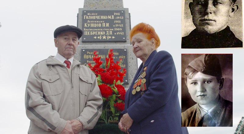 Мария Кравченко-Цебренко (на фронтовом фото ей 17 лет) с младшим братом Анатолием у обелиска старшему - Дмитрию (на фото вверху), погибшему за Крым.