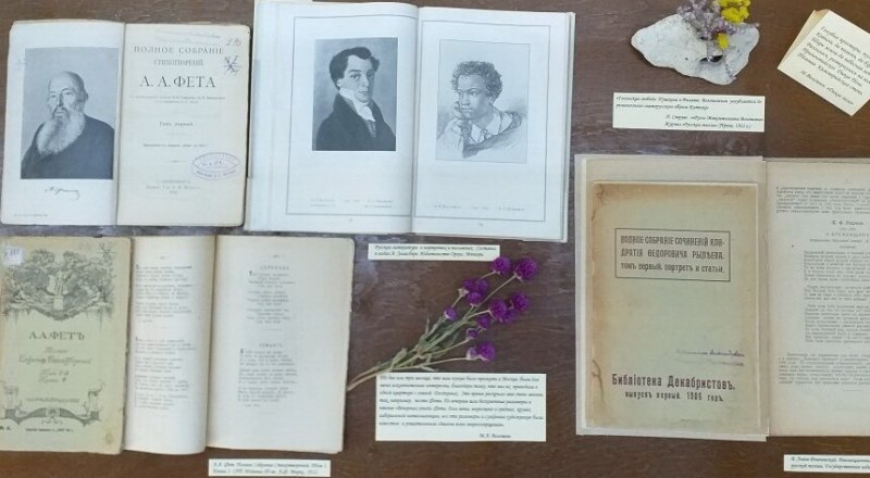 Экспонаты выставки, посвящённой писателям-юбилярам.