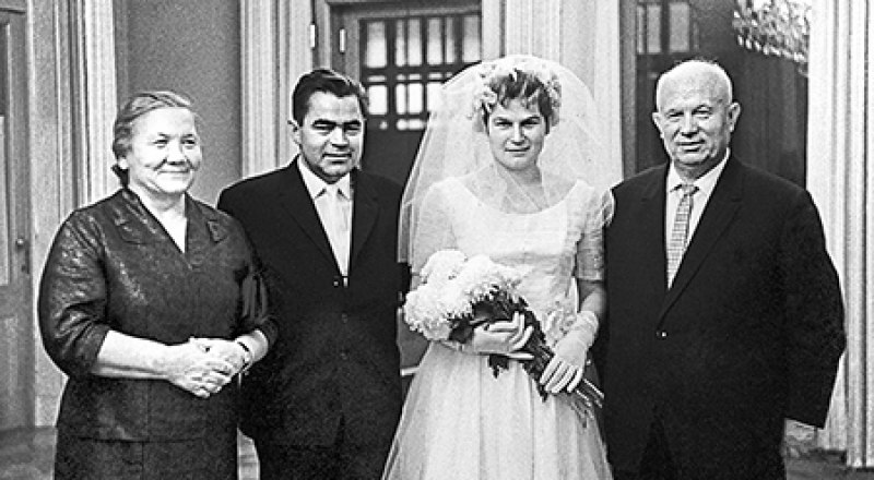 Слева направо: супруга Никиты Хрущёва, Нина Петровна, космонавты Андриян Григорьевич Николаев, Валентина Владимировна Терешкова и первый секретарь ЦК КПСС Никита Сергеевич Хрущёв.