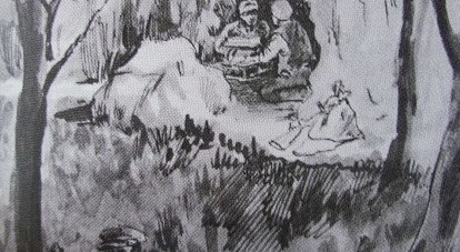 Рисунок Эммануила Грабовецкого, 1943 год. «Партизанская типография». На первом плане - Александр Стогний, в пещере справа сам художник, слева - Сергей (Сева) Лаганбашев.