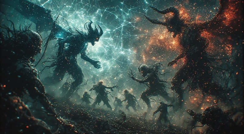 Аллегория «Битва цифровых «Богов» с цифровыми «Титанами» в сети Интернет». Фото сгенерировано нейросетью.