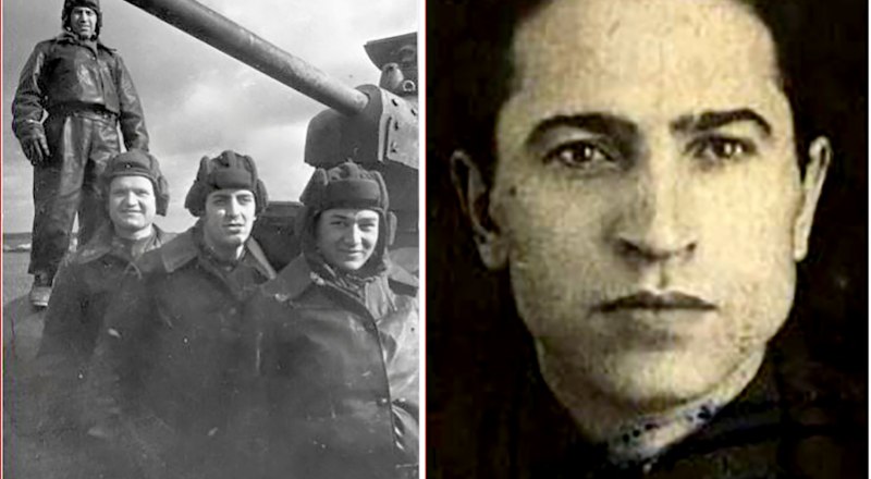 Павел Заргарян, Владимир Мельников, Алексей Ковбаса и Михаил Русин, их Т-34, ещё не огнемётный. Василий Плахутин. Фото с порталов РГАКФД и «Память народа».