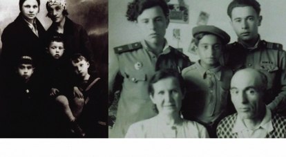 Володя Тишаев (справа в матроске), его мама (слева) и Мария Соломоновна (справа), 1940 год. Роман, Семён и Алексей Куртвелиевы (слева направо), 1951 год.