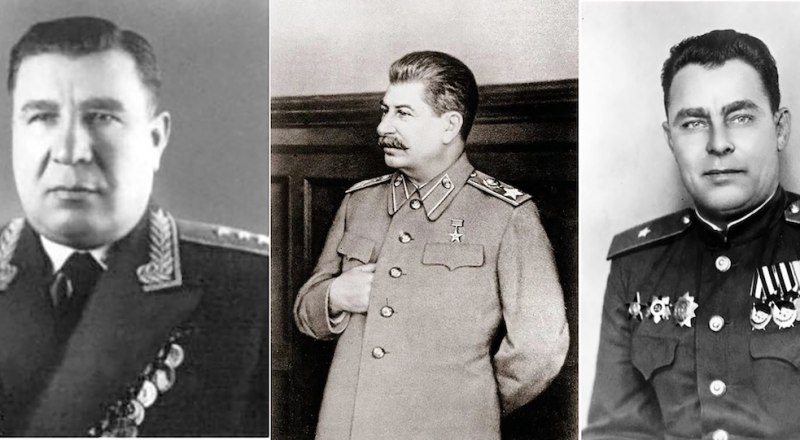 Фёдор Кузнецов, Иосиф Сталин и Леонид Брежнев, слева направо.