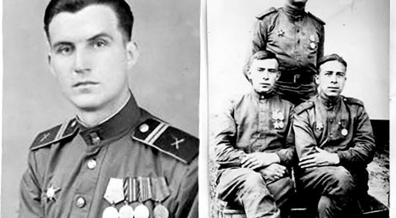 Леонид Покорский. Он же с боевыми товарищами, 12 мая 1945-го. Фото предоставлено читателями.